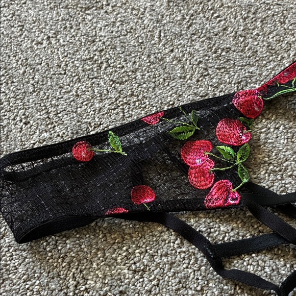 VS Black Lace Garter Belt with Red Cherry Embroidery - Picture 2 of 5